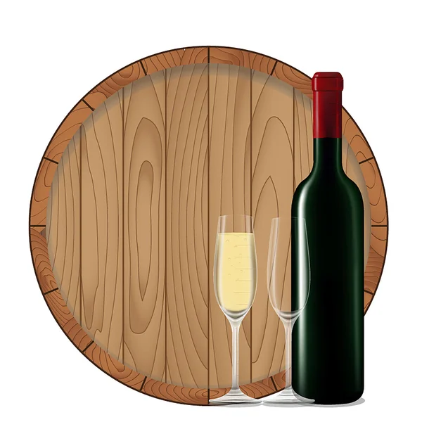 Botella de vino con vaso y barril — Vector de stock