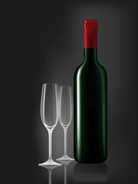 葡萄酒瓶和两个 emtry 玻璃在黑 — 图库矢量图片