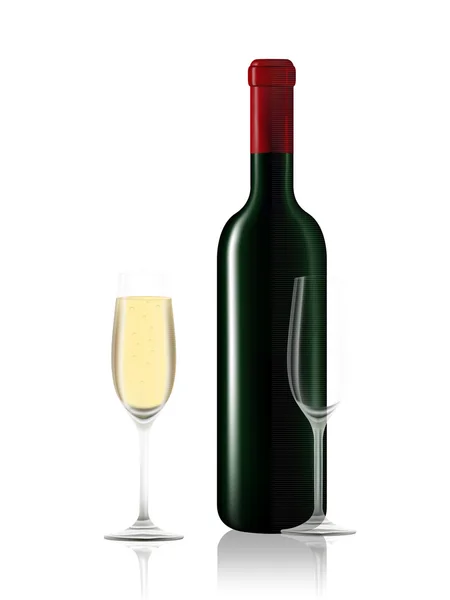 Botella de vino y dos copas de vino en blanco — Vector de stock