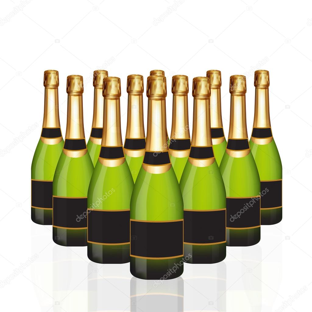 Champagne bottle in rows on white