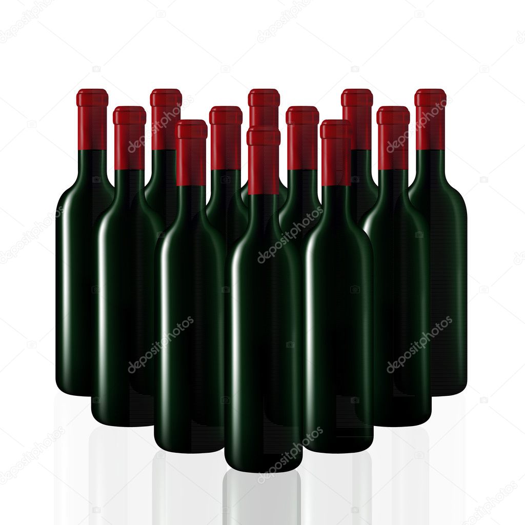 Bottles of wine in rows on white