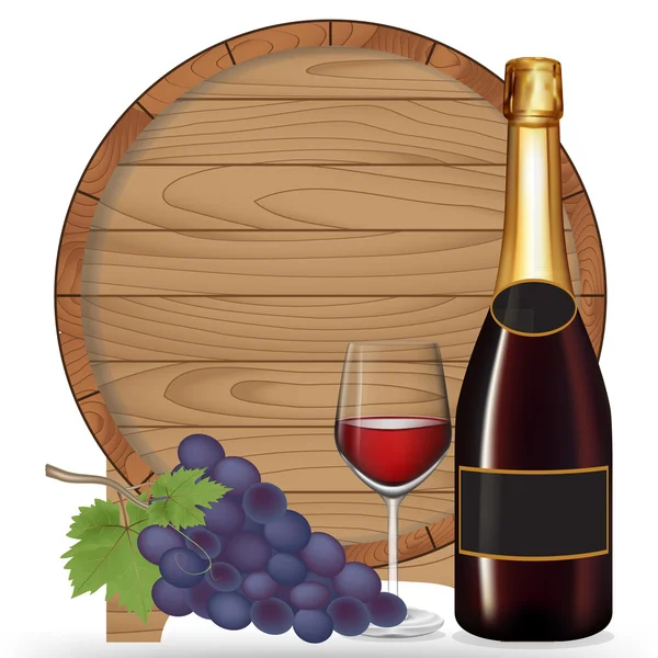 Bottiglia di vino, Uva, Vetro e botte di legno, Illustrazione vettoriale — Vettoriale Stock