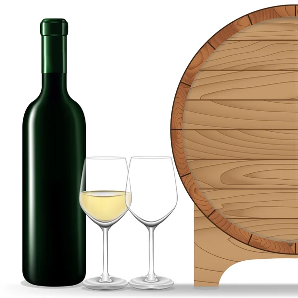 Bílé víno láhev se sklem a barel — Stockový vektor