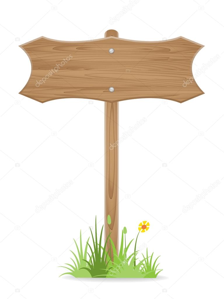 Wooden signpost on grass with flower isolated on white