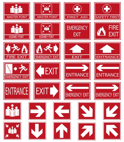 Vector emergency exit signs set on red background — Stock Vector