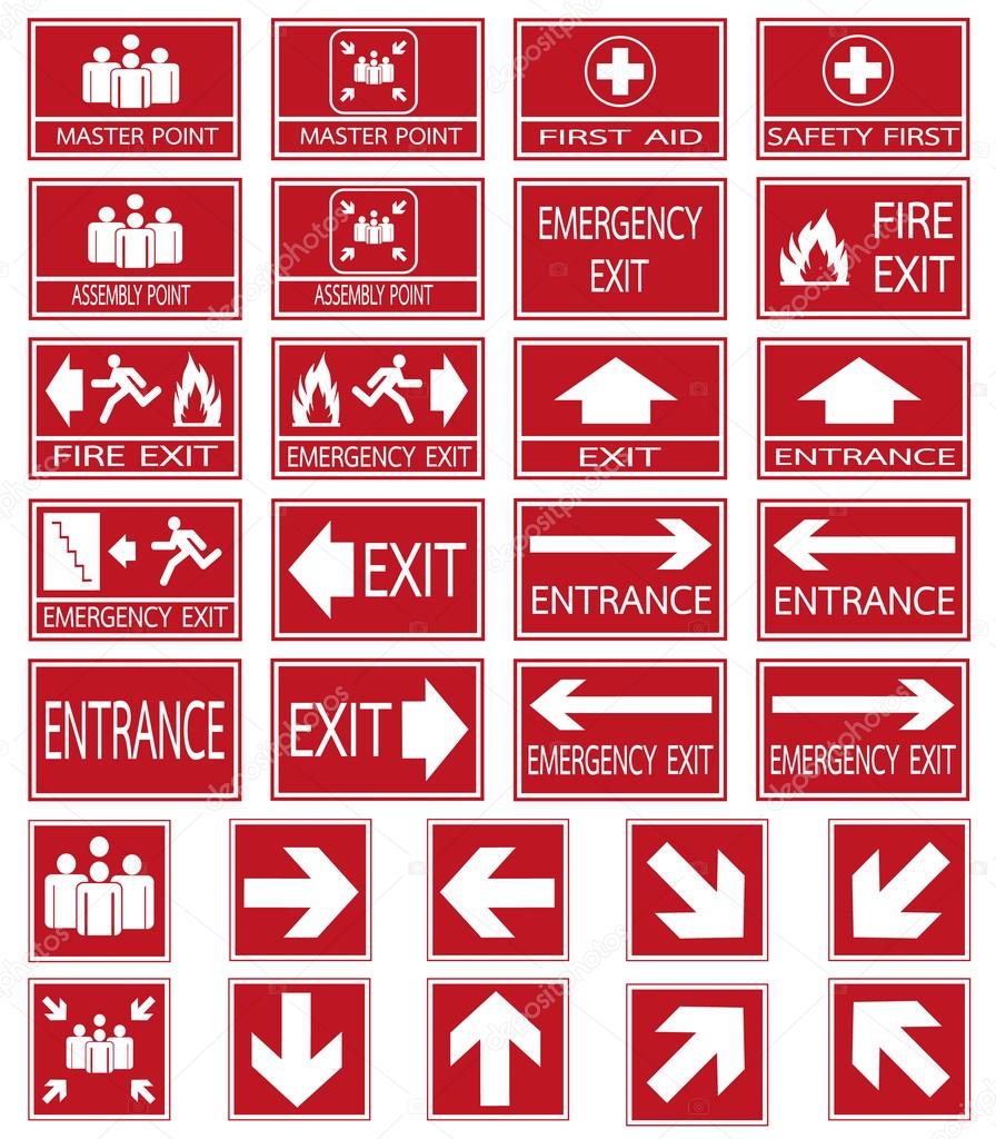 Vector emergency exit signs set on red background