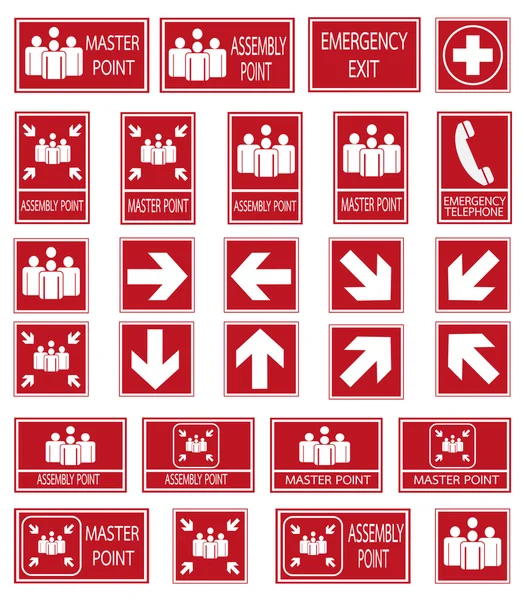 Segnali di uscita di emergenza impostati su sfondo rosso — Foto Stock