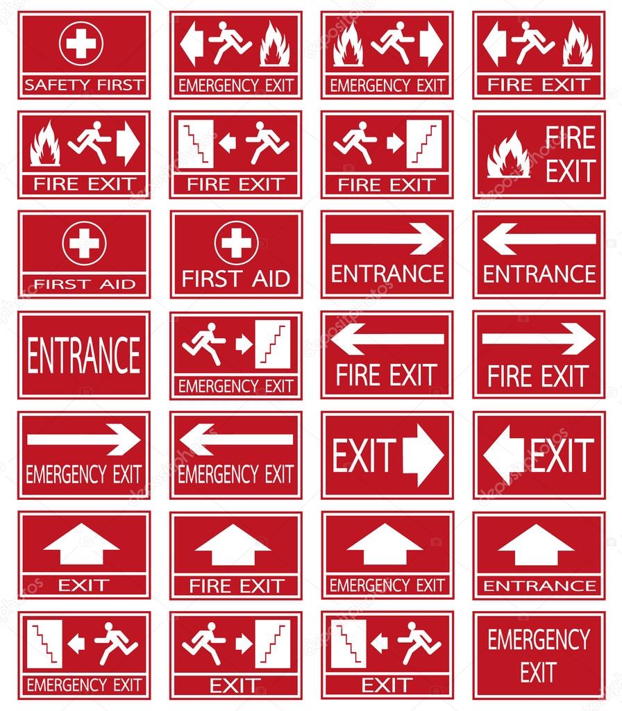 Vector emergency exit signs set on red background