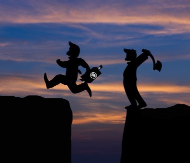 Kavram karikatür siluet, adam tutun balta ve adam p üzerinden atlama