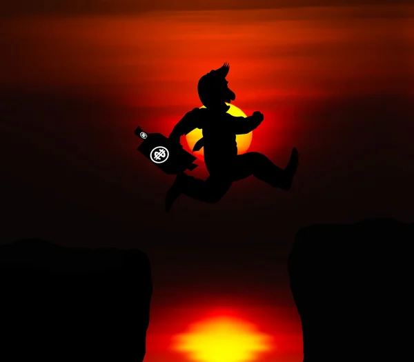 Desenhos animados conceito de negócios, Homem saltando sobre o precipício — Fotografia de Stock