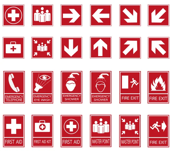 Vector emergency exit signs set on red background — Stock Vector