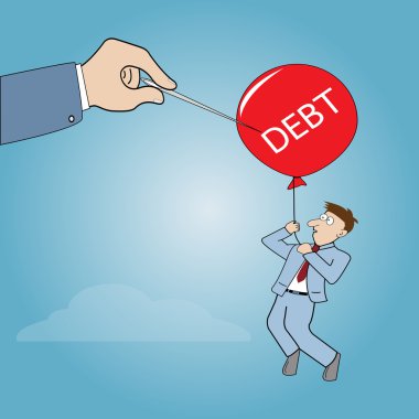 Cartoon Businessman flying away by using red balloon