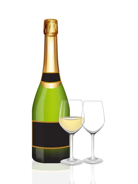Botella verde champán y dos copas de champán en blanco — Vector de stock