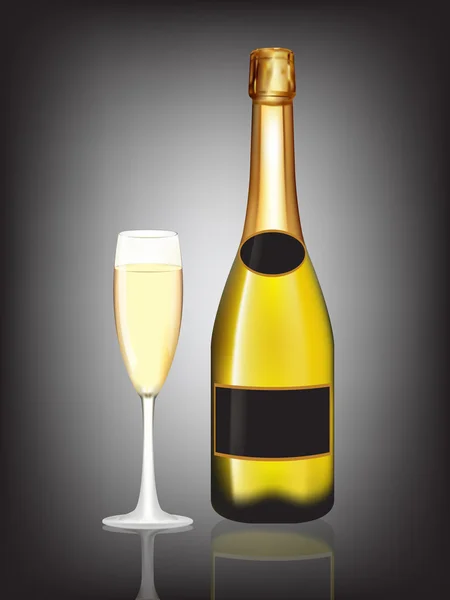 Желтая бутылка шампанского и бокал шампанского на черном — стоковый вектор