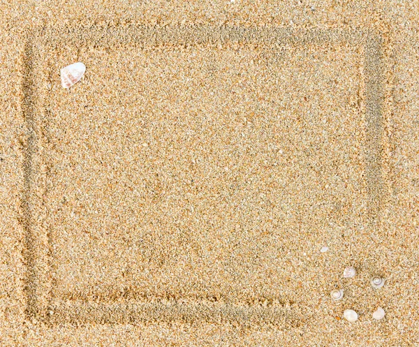 Sandy beach and sea shells with frame background — Stock Photo, Image