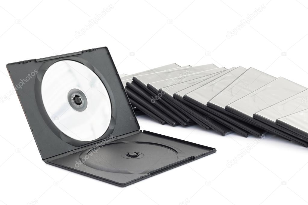 DVD box with disc on white background