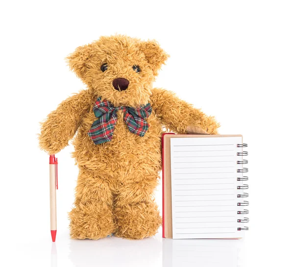 Медвежонок с ручкой и чистым блокнотом — стоковое фото