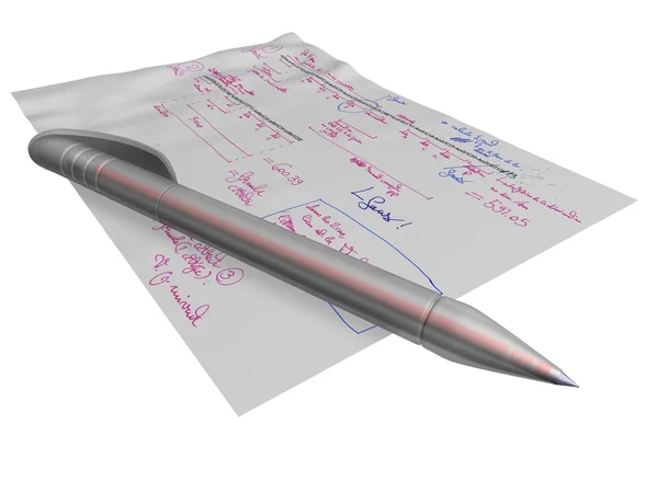 Pen laying on a page of formulas with annotations — Stock Photo, Image