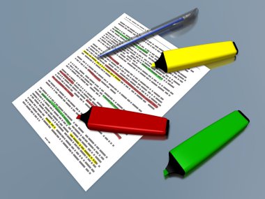 Multicolor pen markers and pen laying on a document clipart