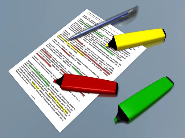 多色笔标记和笔放在文档 免版税图库照片