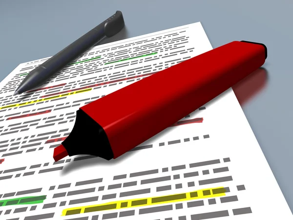 Red pen marker and blue pen on an highlighted document — Stock Photo, Image