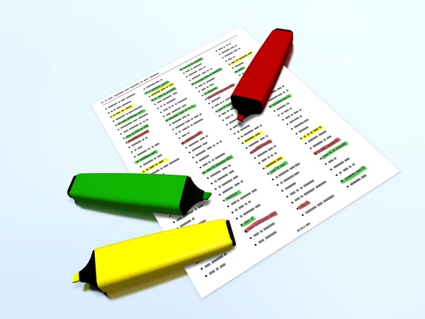 Yellow, red and green pen markers on a list with highlighted elements — Stock Photo, Image