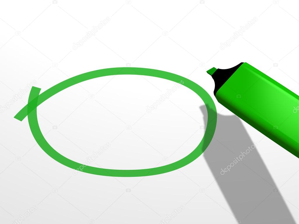 Green pen marker drawing an empty circle on a white blank background