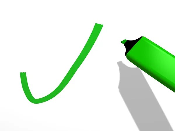 Grüner Stift-Marker, der verwendet wird, um ein Prüfzeichen auf weißem Hintergrund zu zeichnen — Stockfoto