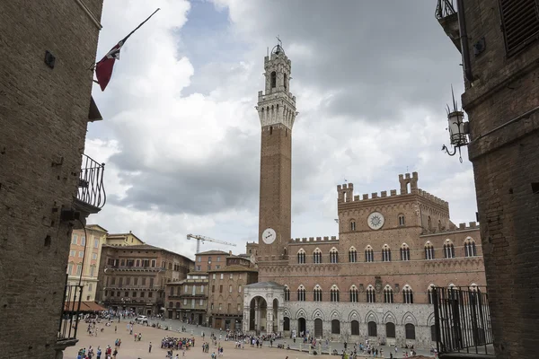 Piazza del Campo med Palazzo Pubblico, Siena, Italien Stockbild