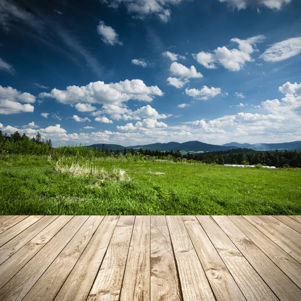 Terrazza in legno e vista prospettica sul prato o collina verde — Foto Stock