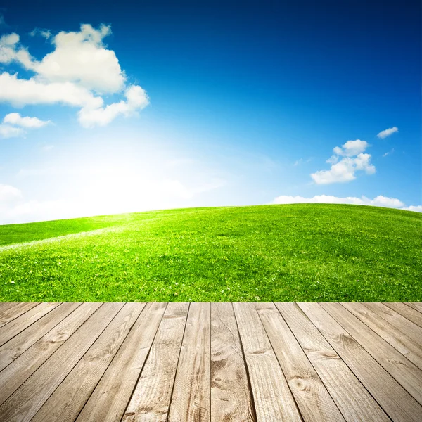 Terrazza in legno e vista prospettica sul prato o collina verde — Foto Stock