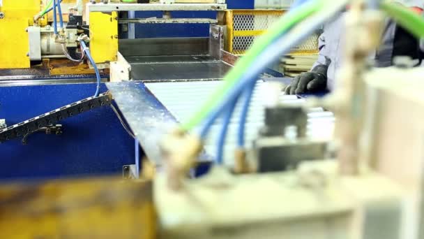 Ver en trabajador toma láminas pegadas de la máquina — Vídeo de stock