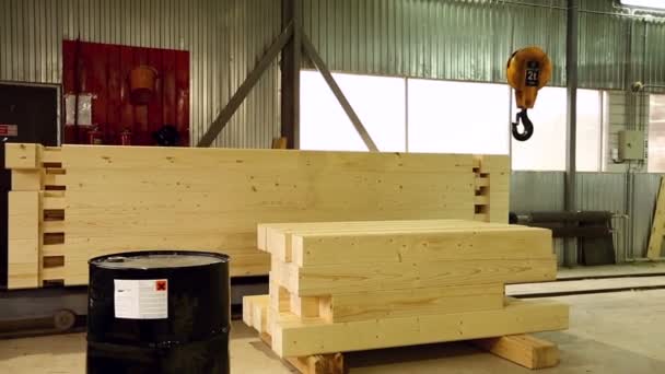 View on overhead crane moves to pile of lumber — Stock Video