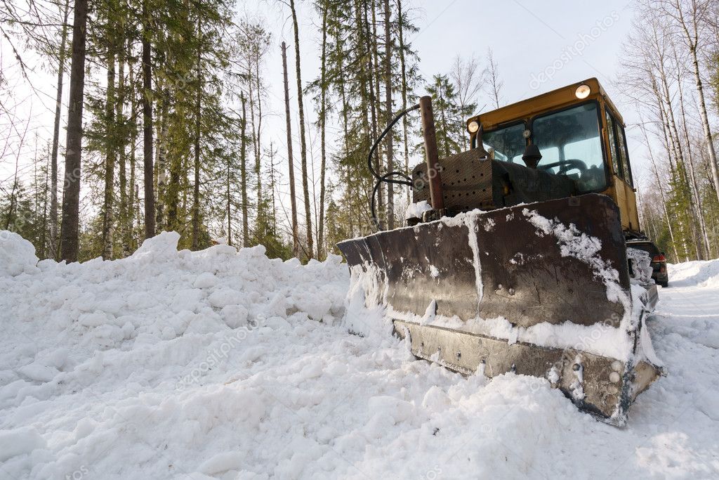 Image of snowblower clears road in forest