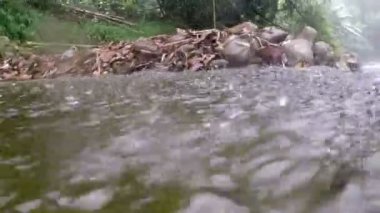 Yamaçparaşütü nehire tropikal yağmur sırasında açılış.