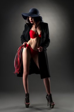 Moda hakimiyeti. Kamçı ile büyüleyici kadın