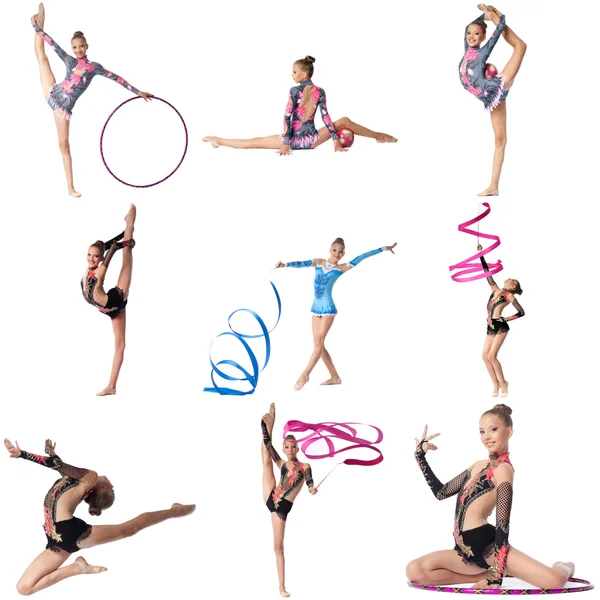 Foto collage. Artistisk gymnast poserar på kamera — Stockfoto