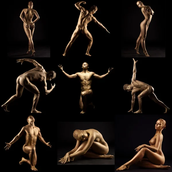 Люди с золотой кожей, изображающие живые статуи — стоковое фото