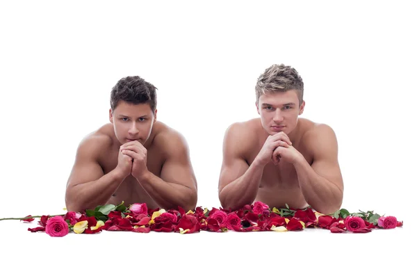 Two handsome guys posing naked with rose petals — Stock Photo, Image