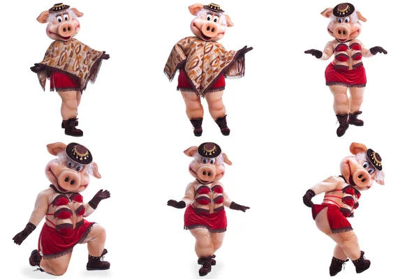 拼贴的人在舞蹈的猪吉祥物服装 — 图库照片