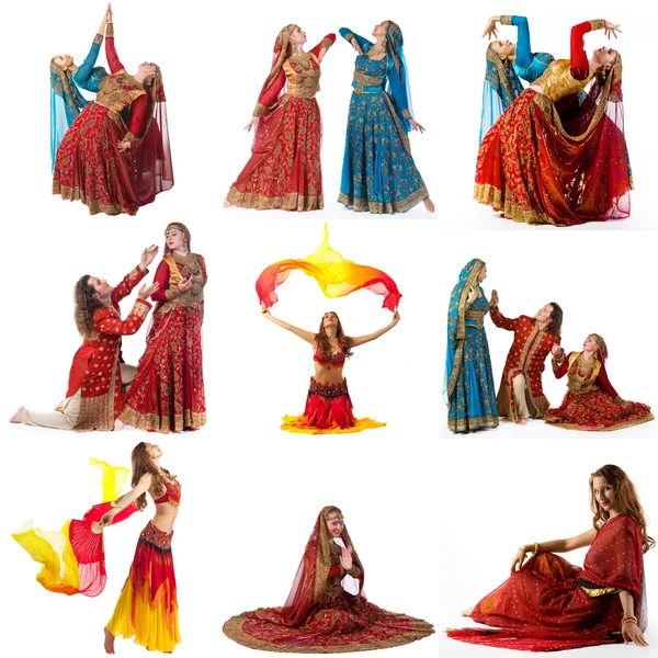 Belly dance. Collage of dancers in ornate costumes — Stock Photo, Image