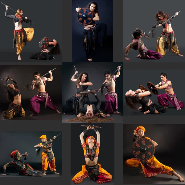 Östlig dans. Collage av dansare uppträda med spjut — Stockfoto