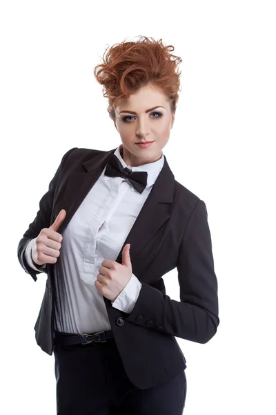 Senhora de negócios de cabelos vermelhos mostrando polegares para cima — Fotografia de Stock
