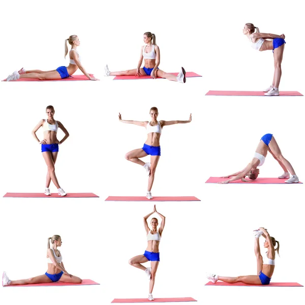 Pilates. Foto mix van blond opleiding op mat — Stockfoto