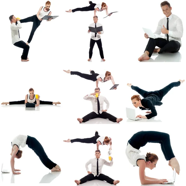 Wielozadaniowość. Zestaw akrobaci robi joga w studio — Zdjęcie stockowe