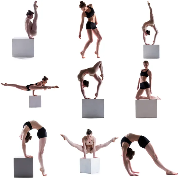 Gymnastics. Set of flexible girl posing on cube — Stock Photo, Image