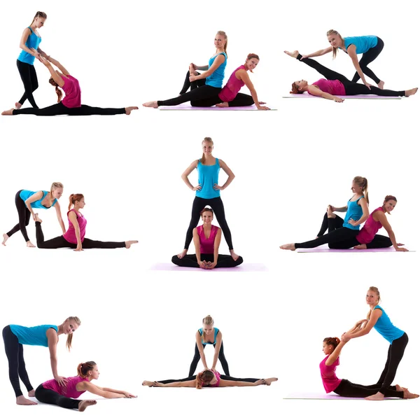 Sport. Collage of girl helps her friend to stretch — Stock Photo, Image