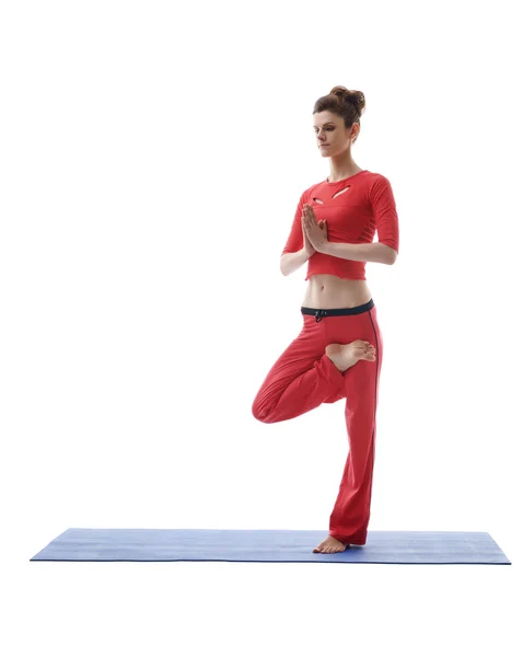 Instrutor de ioga posando em pé em uma perna — Fotografia de Stock