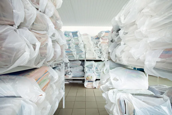 Immagine di scaffali con vestiti puliti in lavanderia — Foto Stock