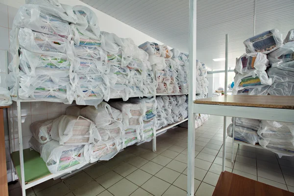 Regale mit sauberer Wäsche in der chemischen Reinigung — Stockfoto